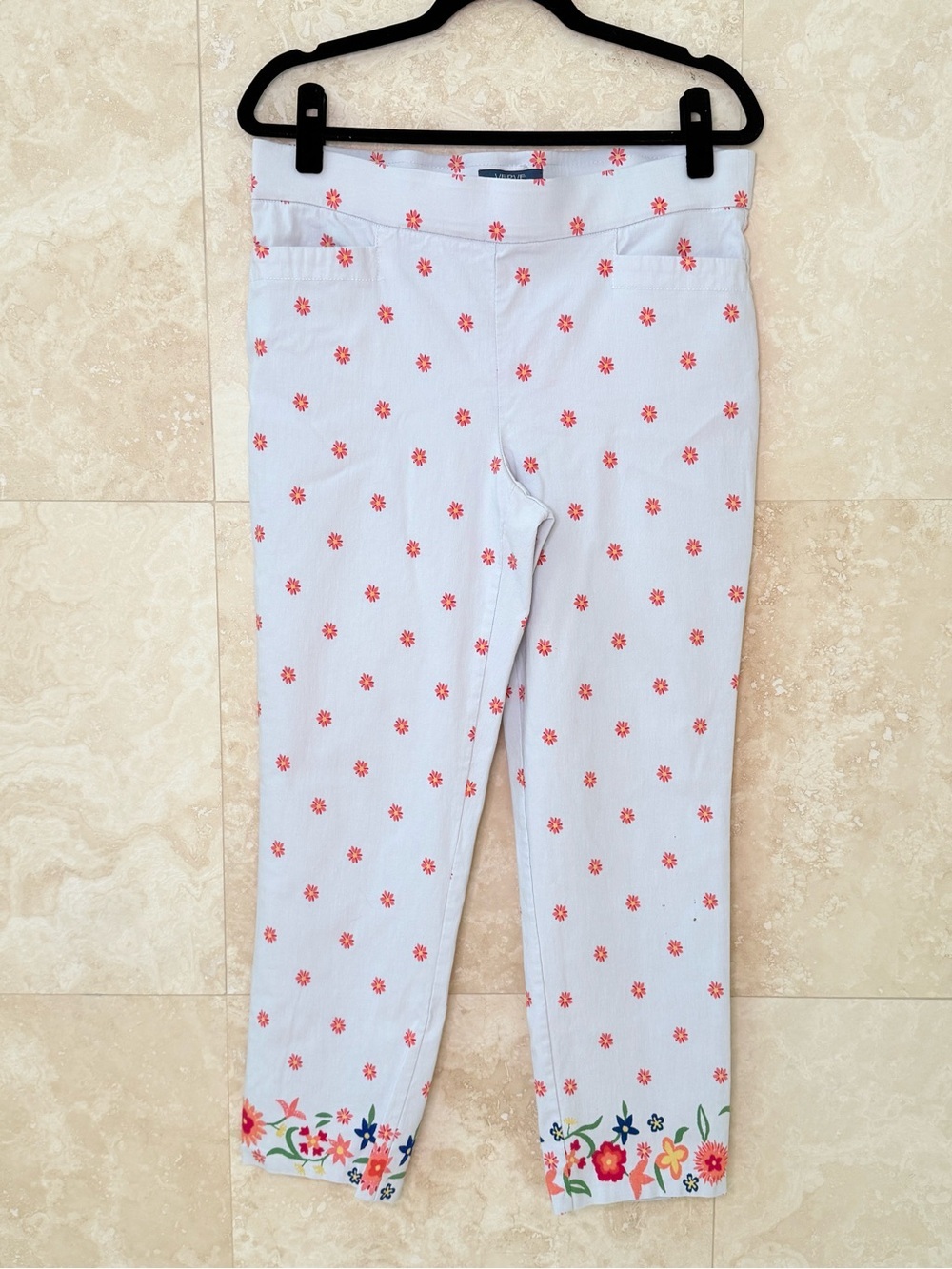 Verve Blues White Floral Print Stretch Capri Pants Large Cottagecore